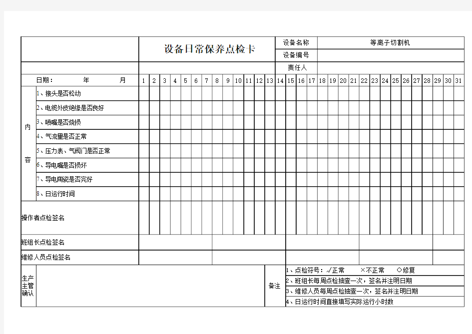 等离子切割机设备日常保养点检卡