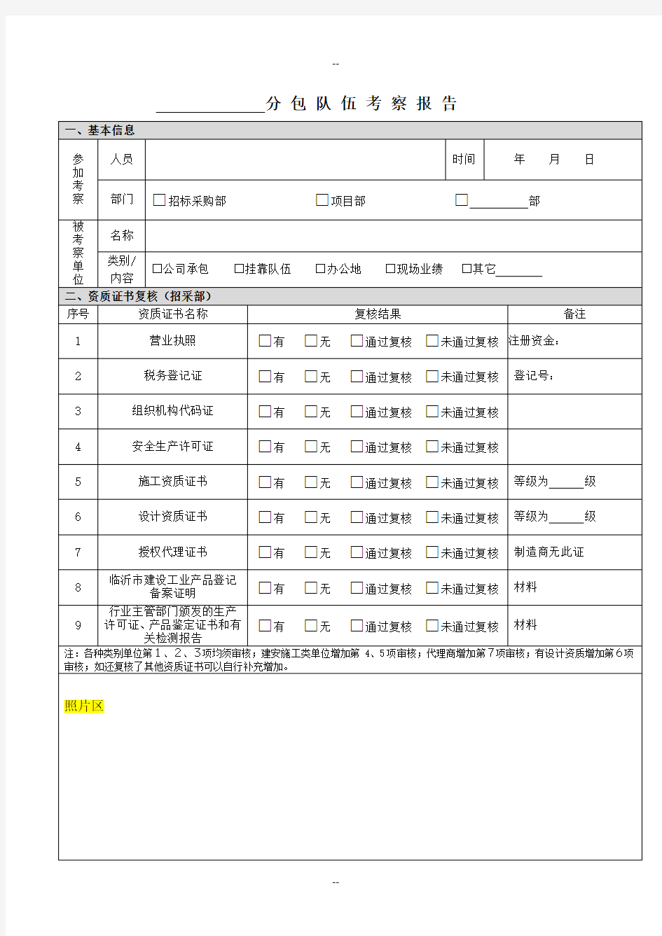 专业分包队伍考察报告模板