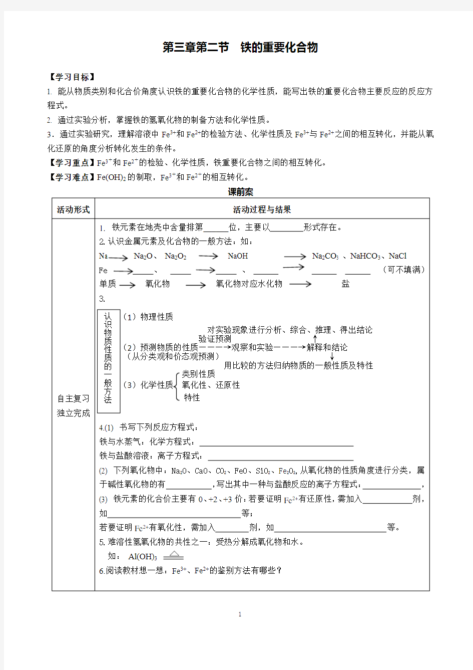 人教版高中化学必修1 《铁的重要化合物》学案