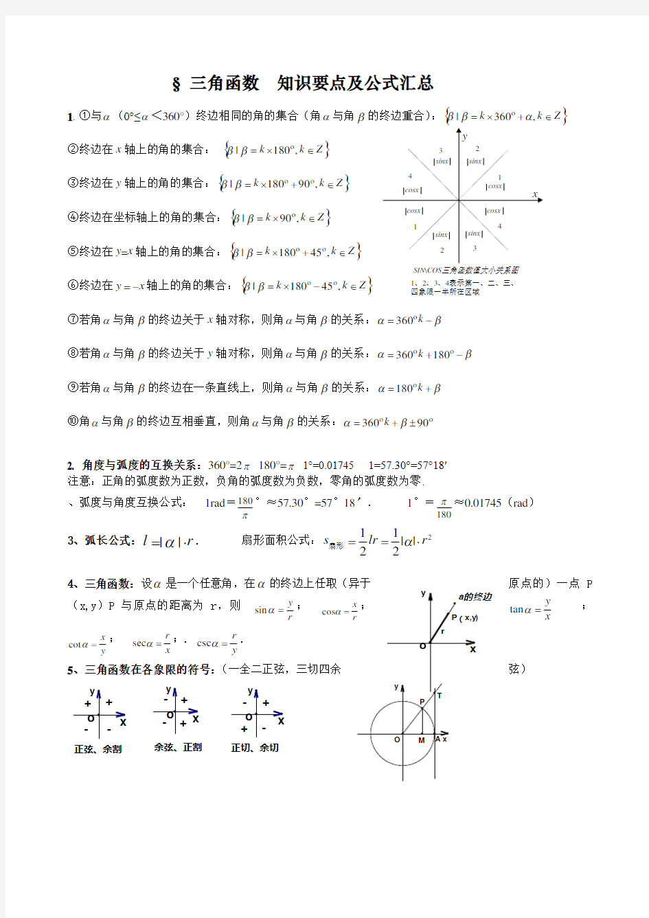 高中数学三角函数知识点及公式汇总