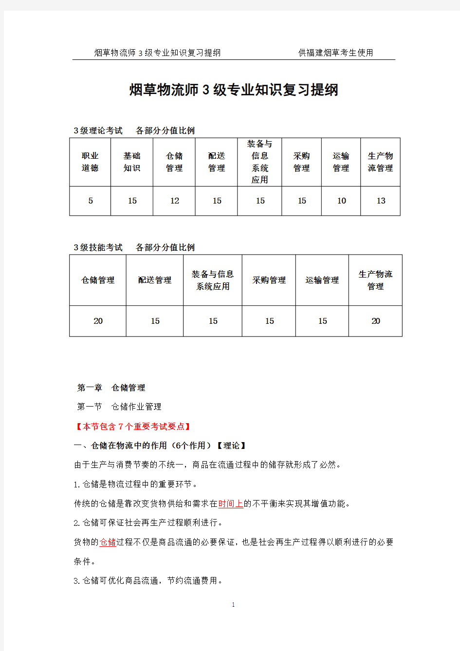 烟草物流师3级专业知识复习提纲下发版