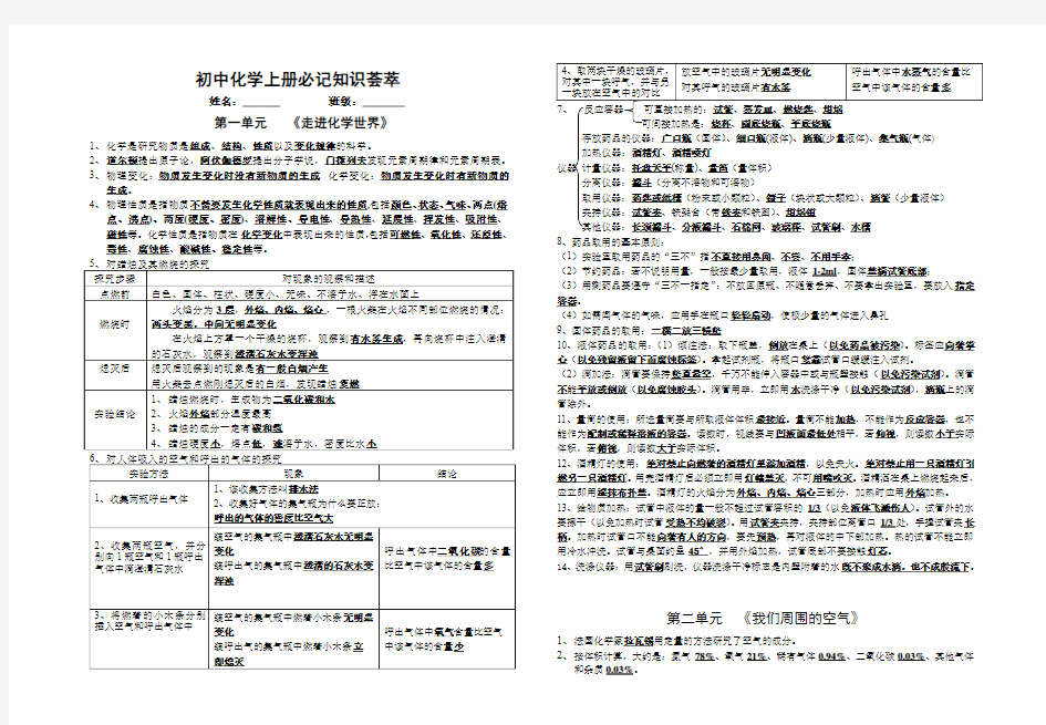 初中九年级化学上册考试大全---必记知识荟萃(新版)