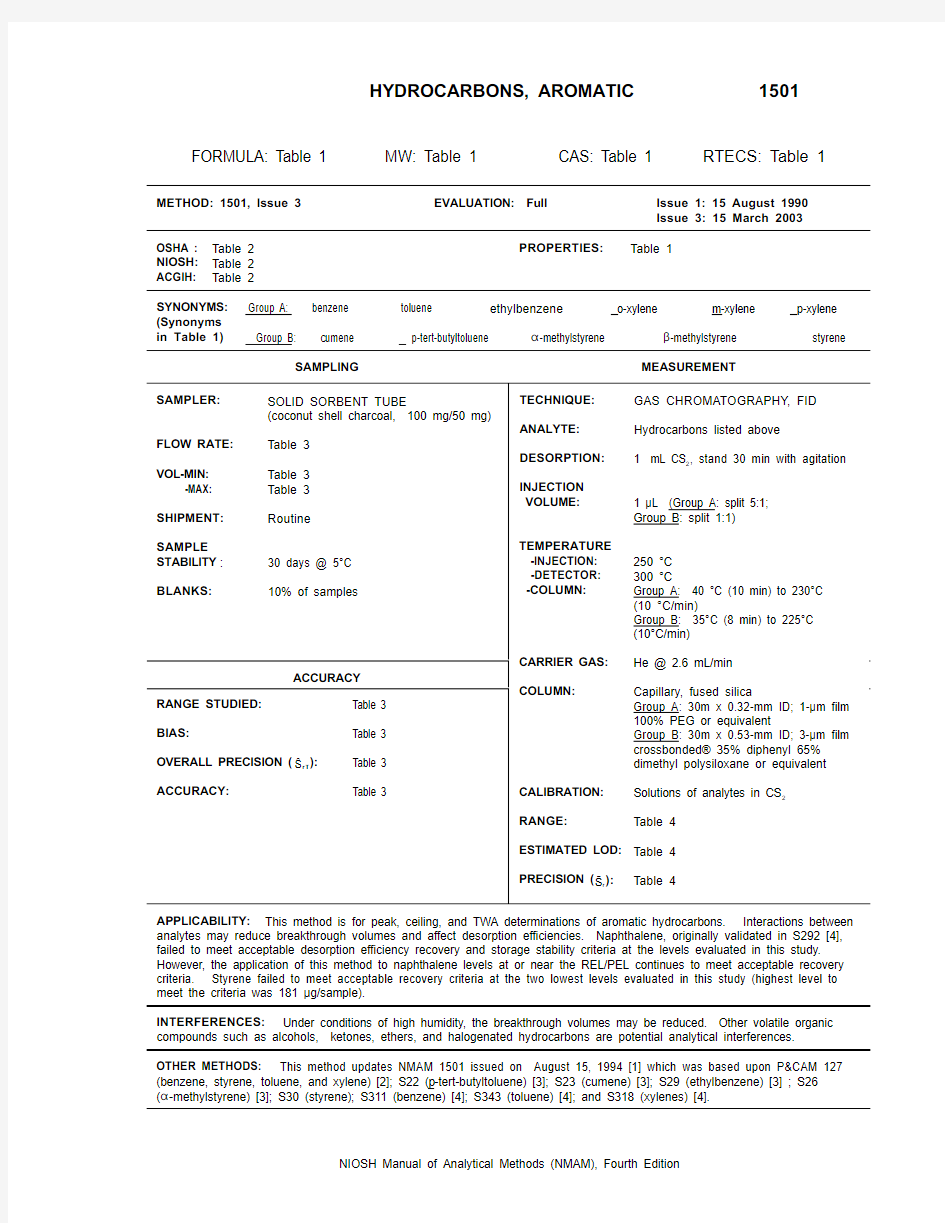 NIOSH 1501苯系物检测方法