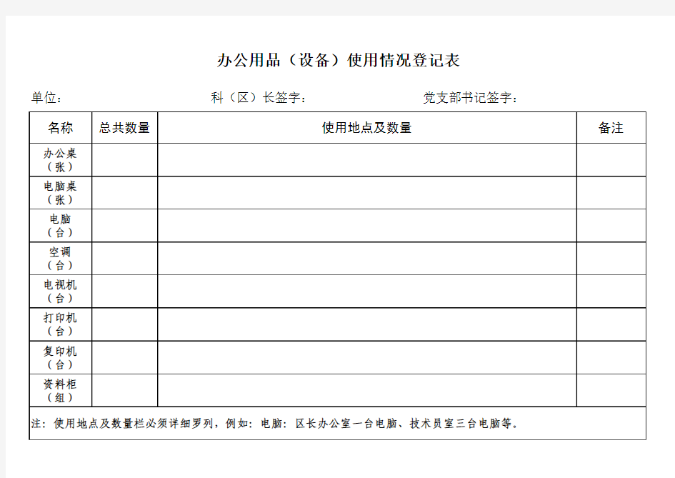 各单位办公用品使用情况登记表