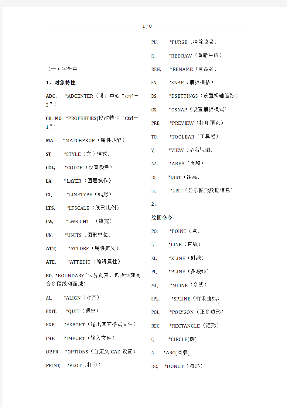 CAD各种常用快捷键