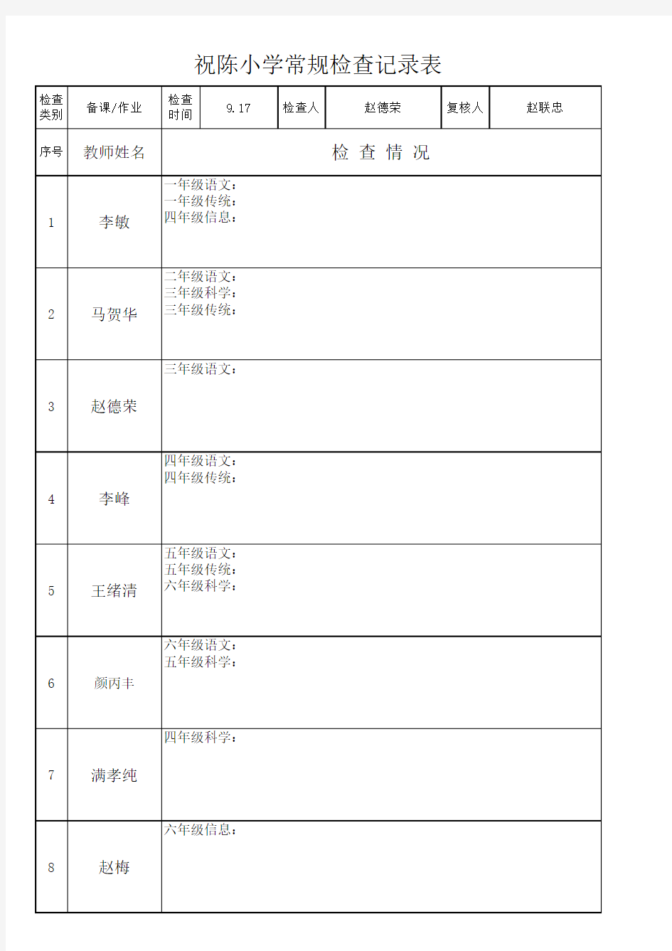 小学常规检查记录表模板