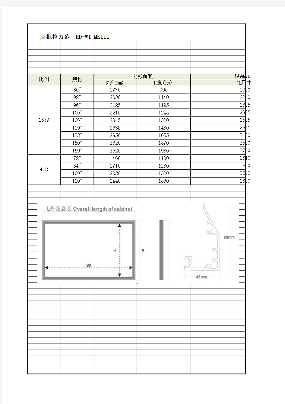 常用画框幕布尺寸