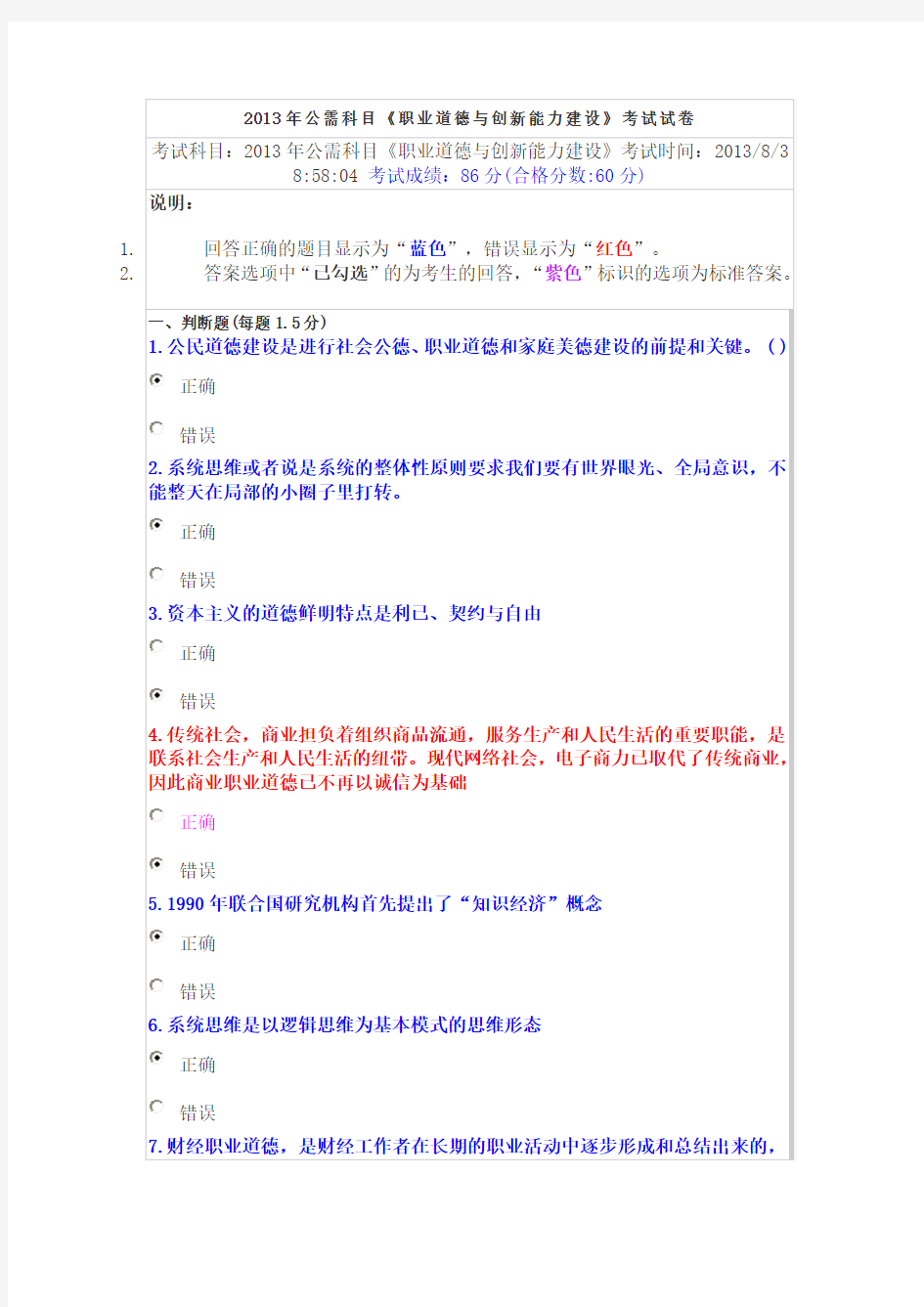 2013年公需科目《职业道德与创新能力建设》考试试卷及答案