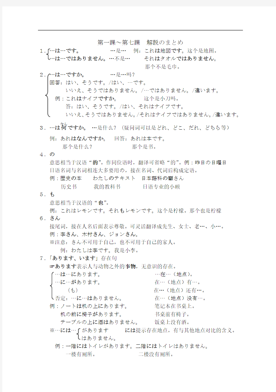 新编日语第一册1-7语法总结
