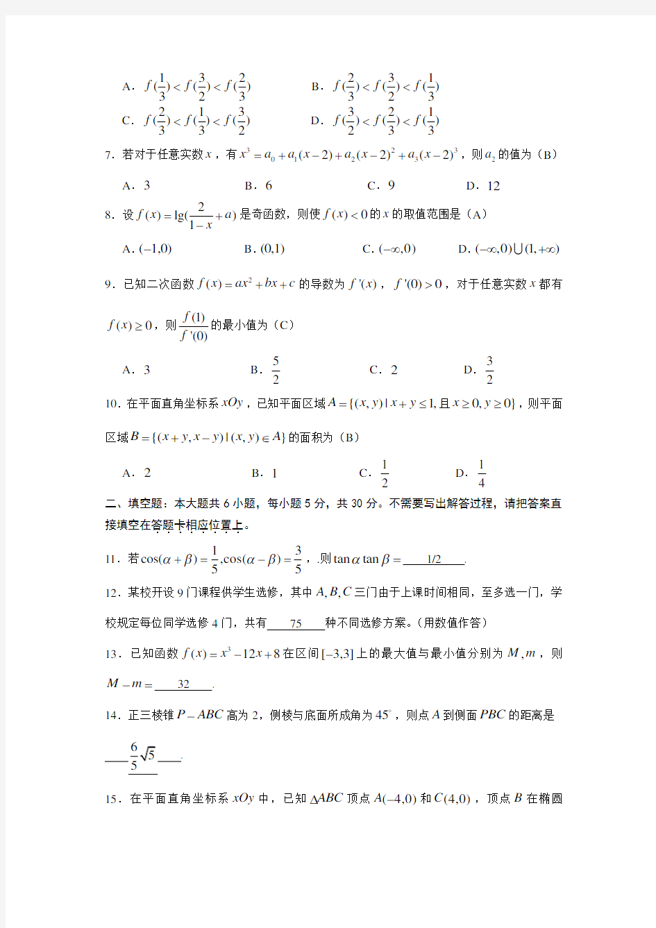 2007年江苏高考数学试卷及答案