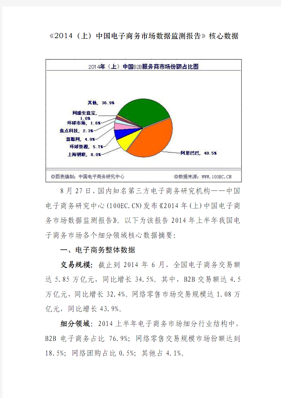 《2014(上)中国电子商务市场数据监测报告》核心数据