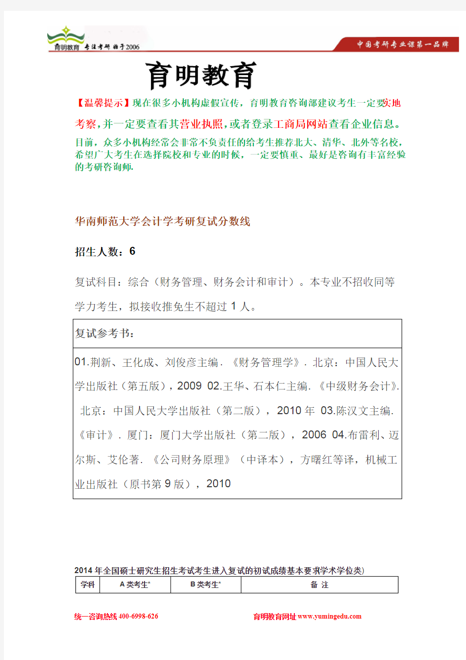 2014年华南师范大学会计学考研复试分数线及复试经验分享