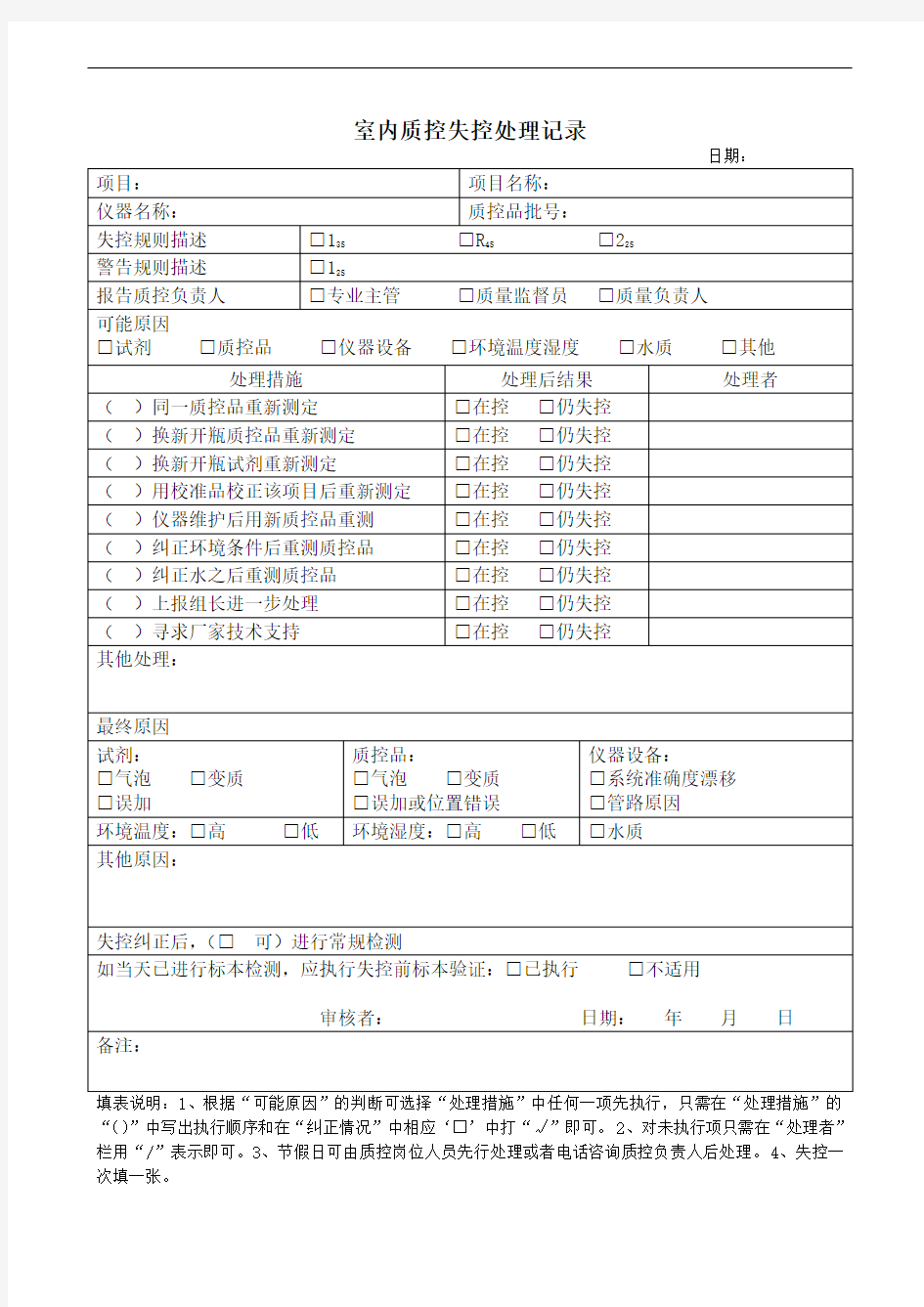 室内质控失控处理记录