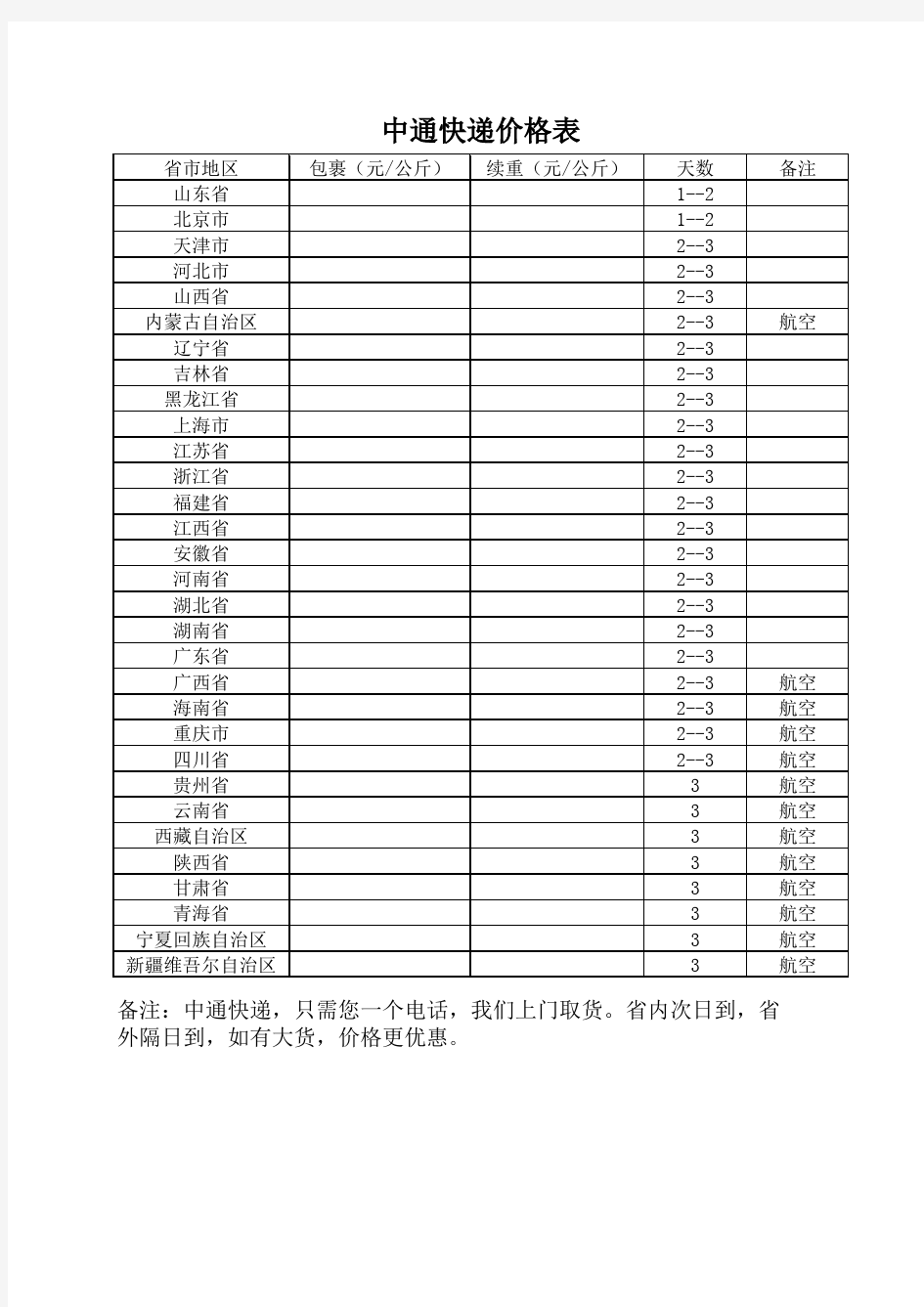 中通快递  快递价格表