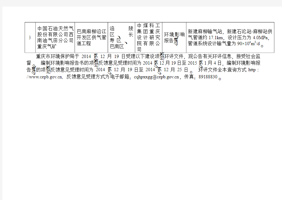 重庆市环保局受理建设项目环评信息公告