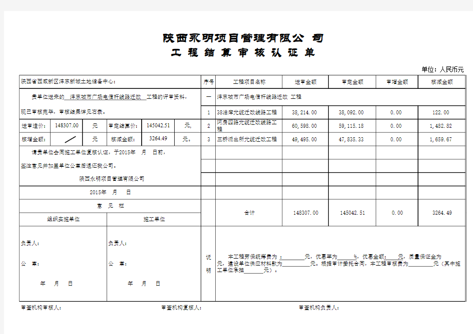 电线杆线路迁改工程审核报告定案表