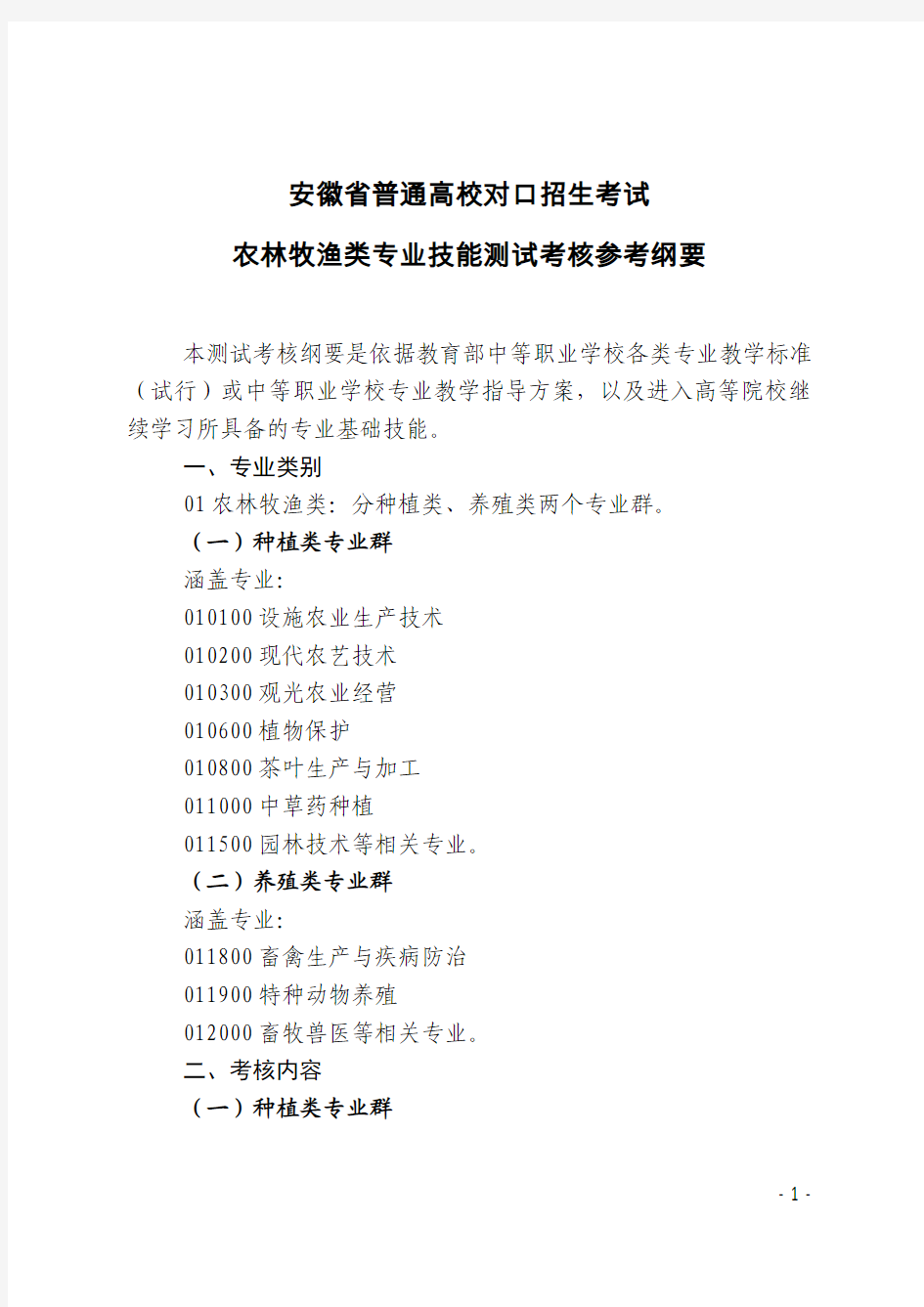 2015年安徽省普通高校对口招生考试部分专业技能测试考核参考纲要(试行)