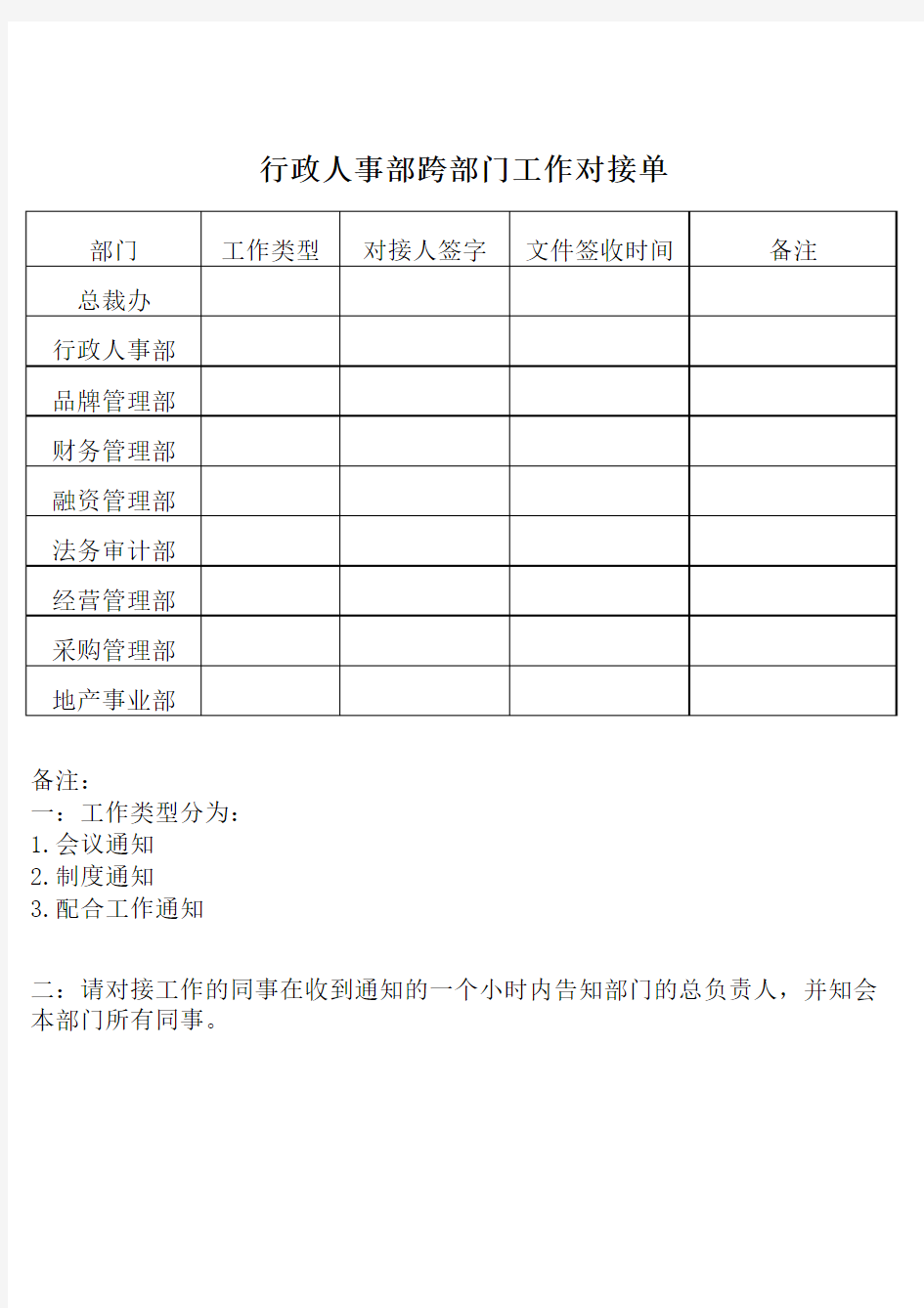 工作对接通知单