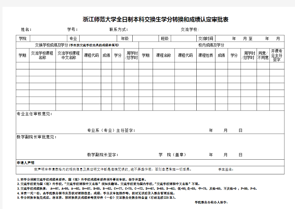 浙江师范大学全日制本科交换生学分转换和成绩认定审批表