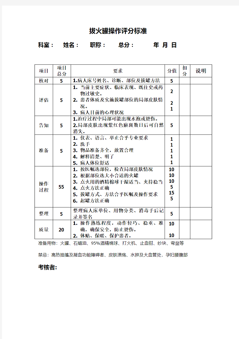 拔火罐操作评分标准