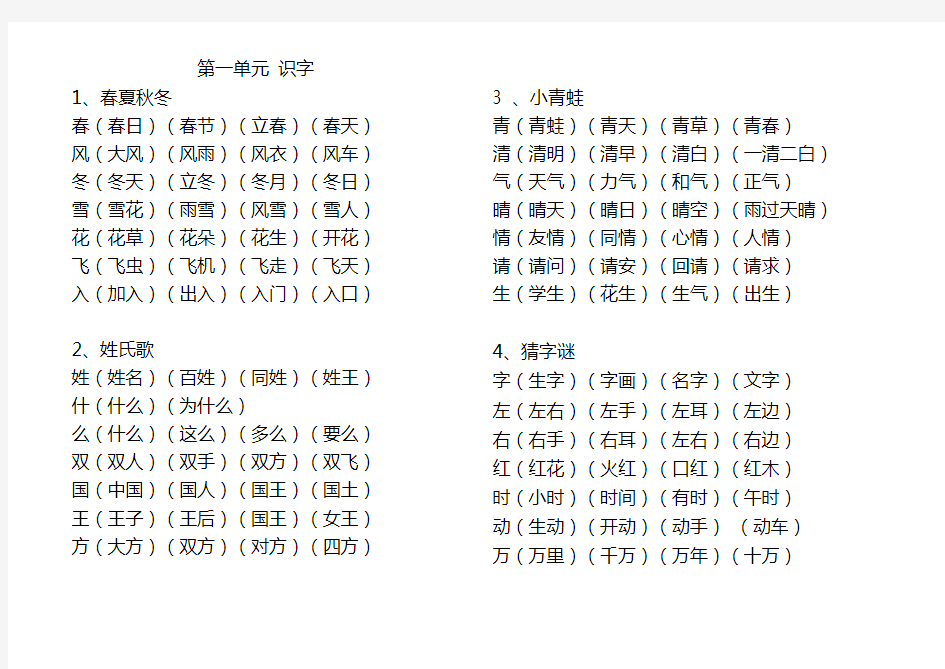 (完整版)语文人教版一年级下册生字表