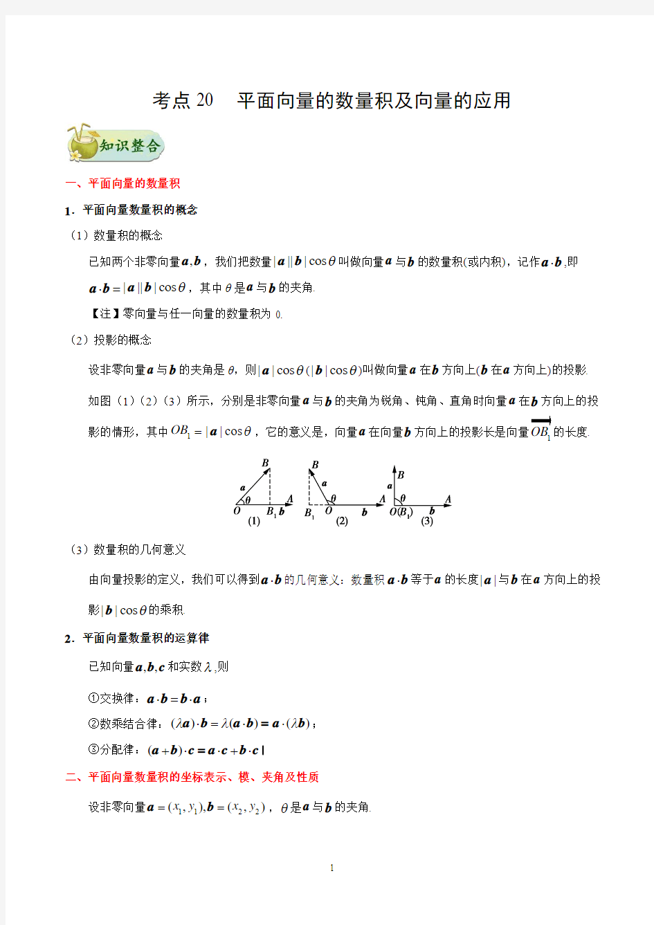 专题20 平面向量的数量积及向量的应用知识点