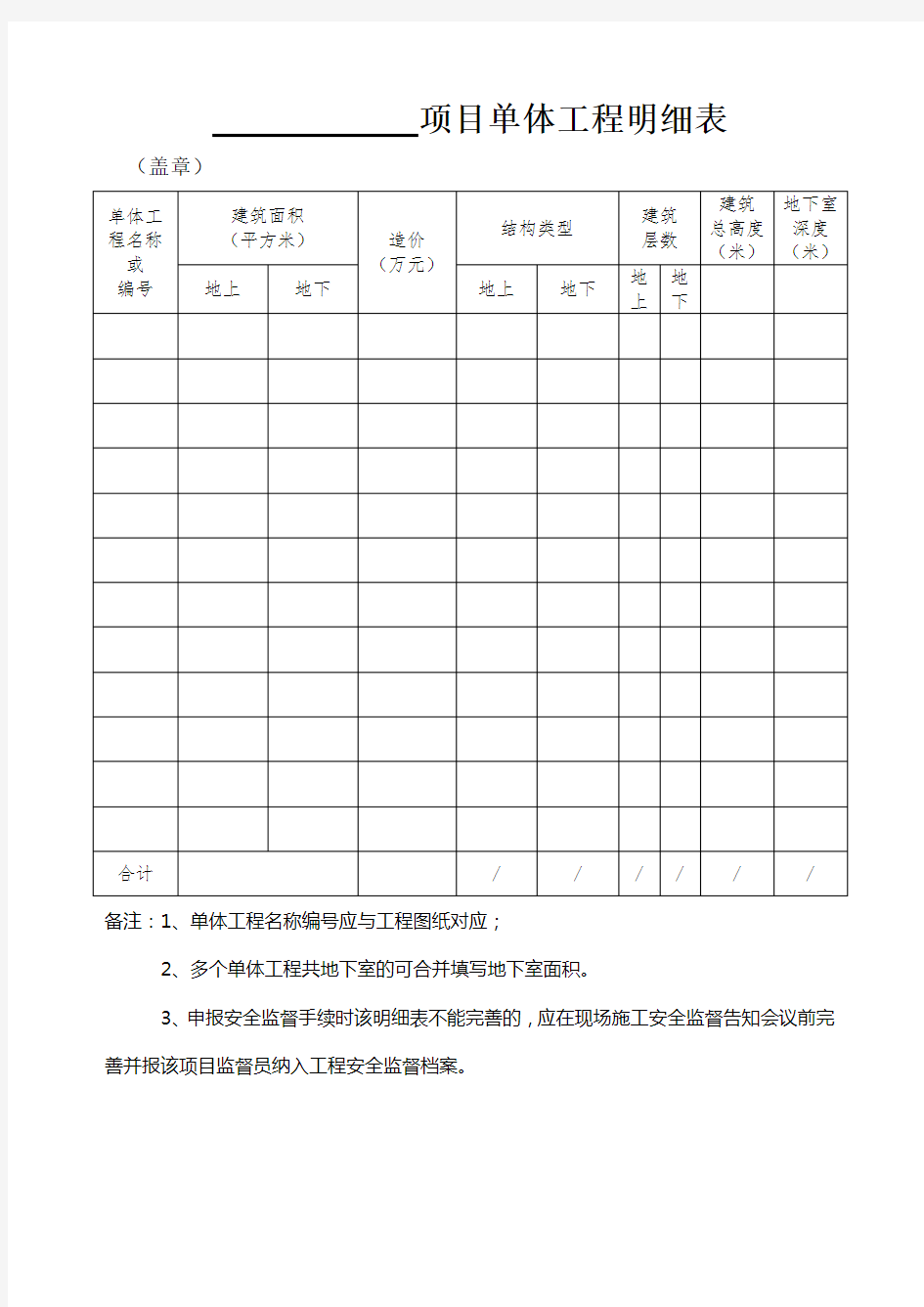 建设工程项目单体工程明细表