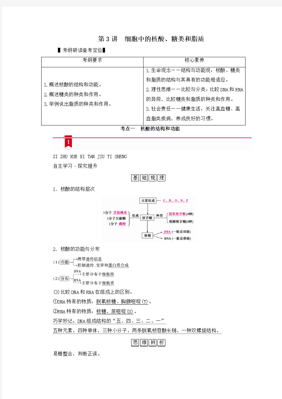 新高考2021高考生物一轮复习分子与细胞第1单元细胞的分子组成第3讲细胞中的核酸糖类和脂质学案人教版