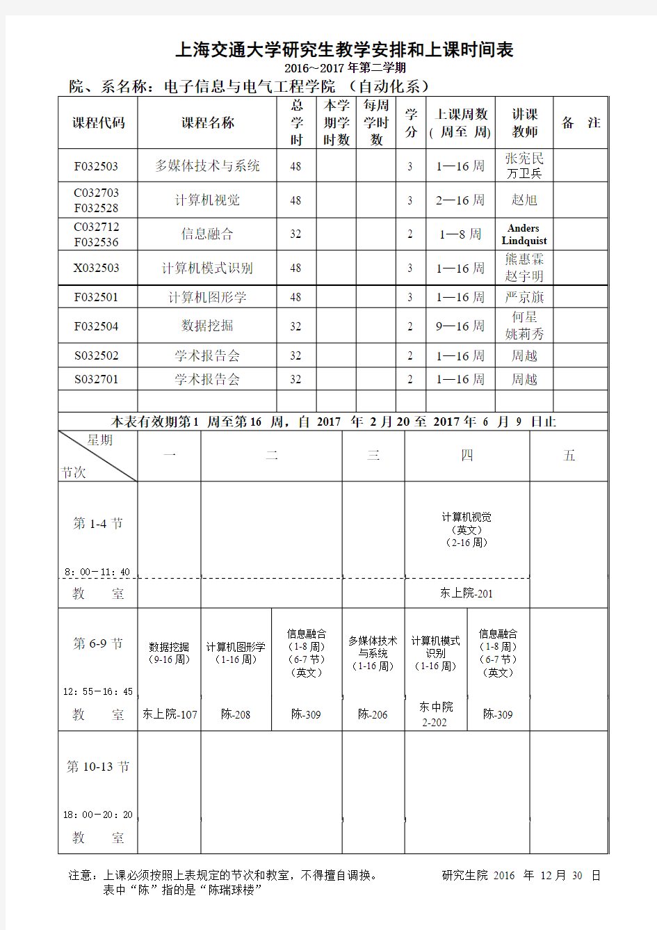 上海交通大学研究生教学安排和上课时间表-上海交通大学-电子信息