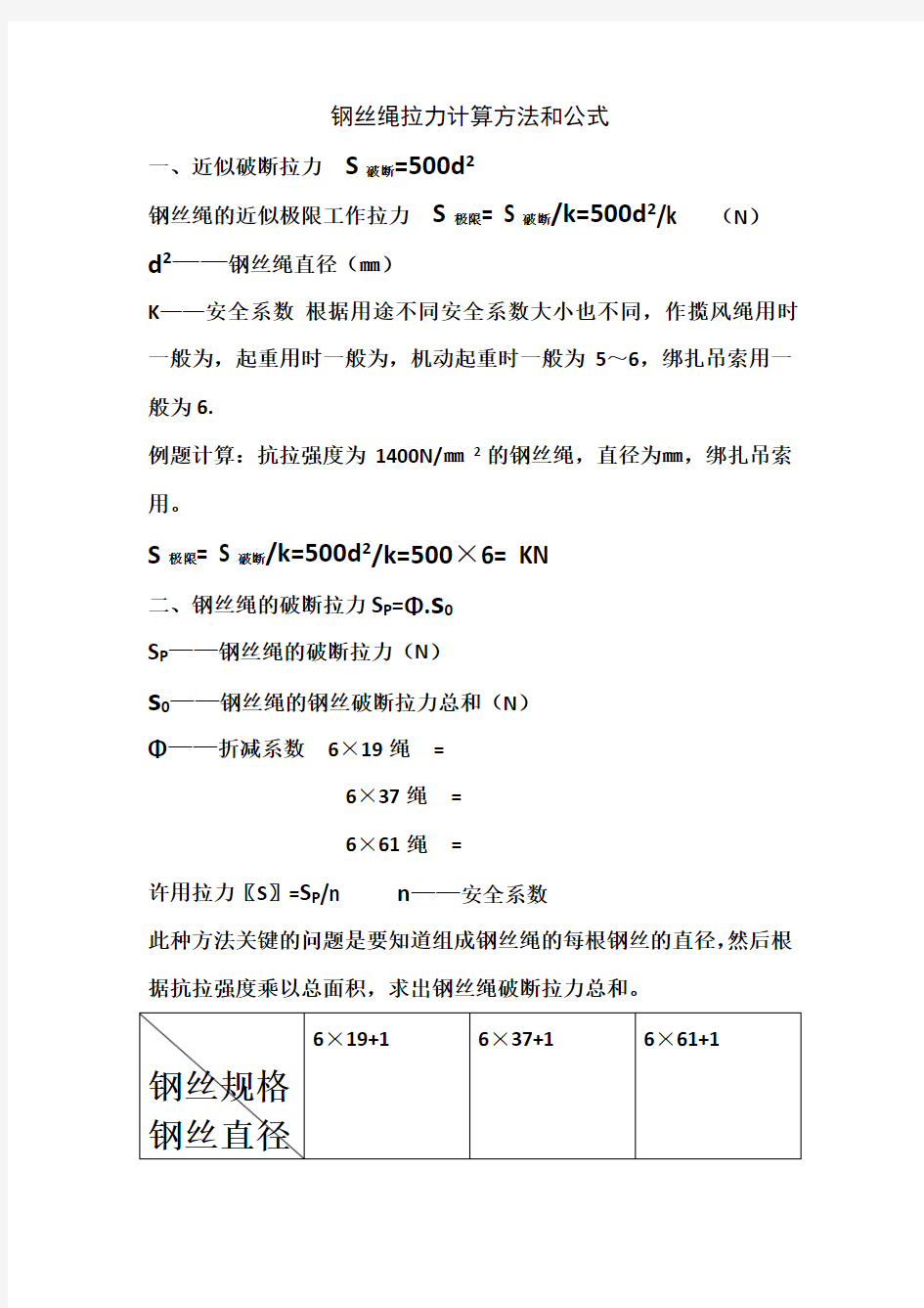 钢丝绳计算方法和公式