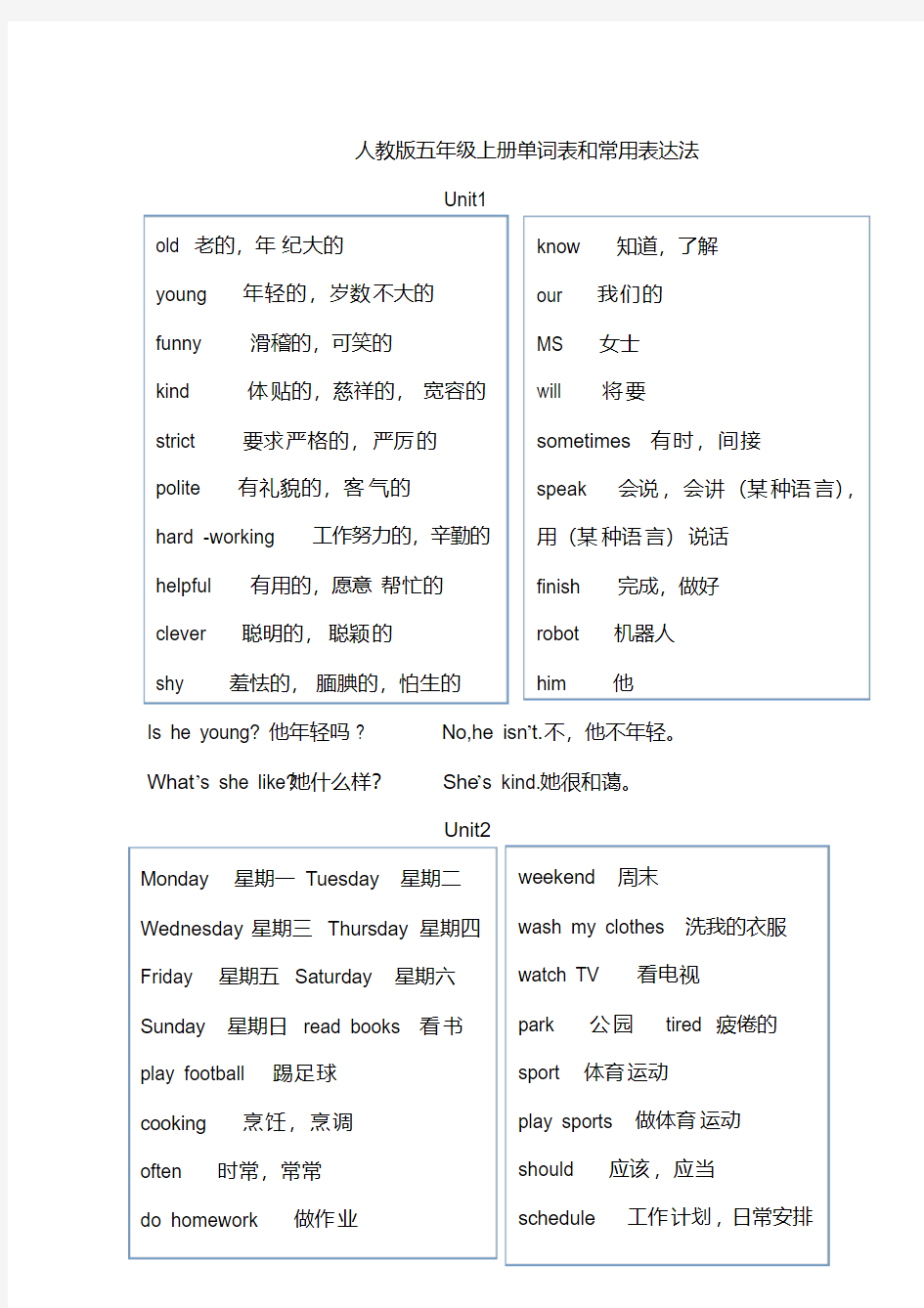 (完整版)新人教版五年级英语上册单词表