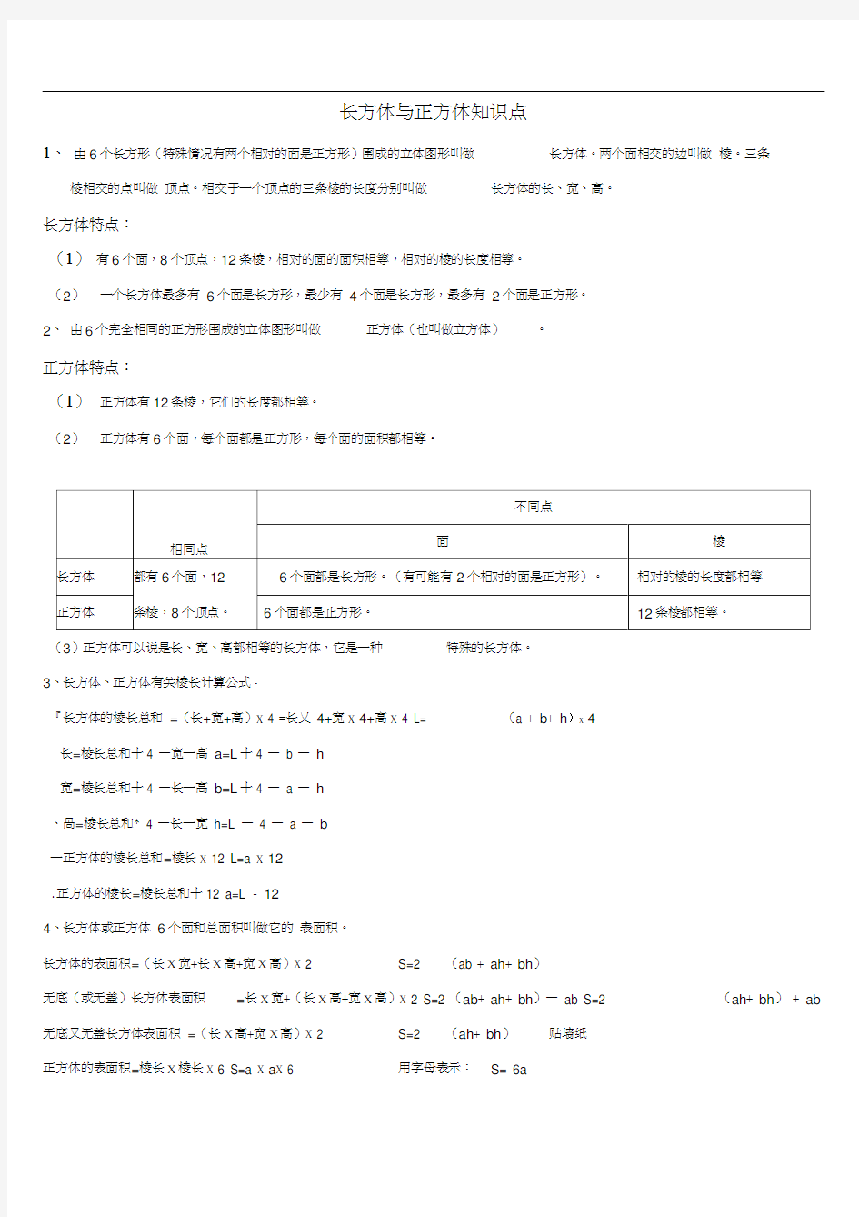 长方体与正方体知识点