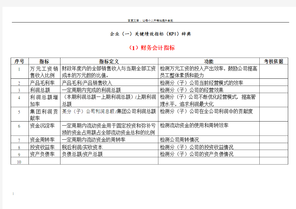 企业关键绩效指标(KPI)辞典