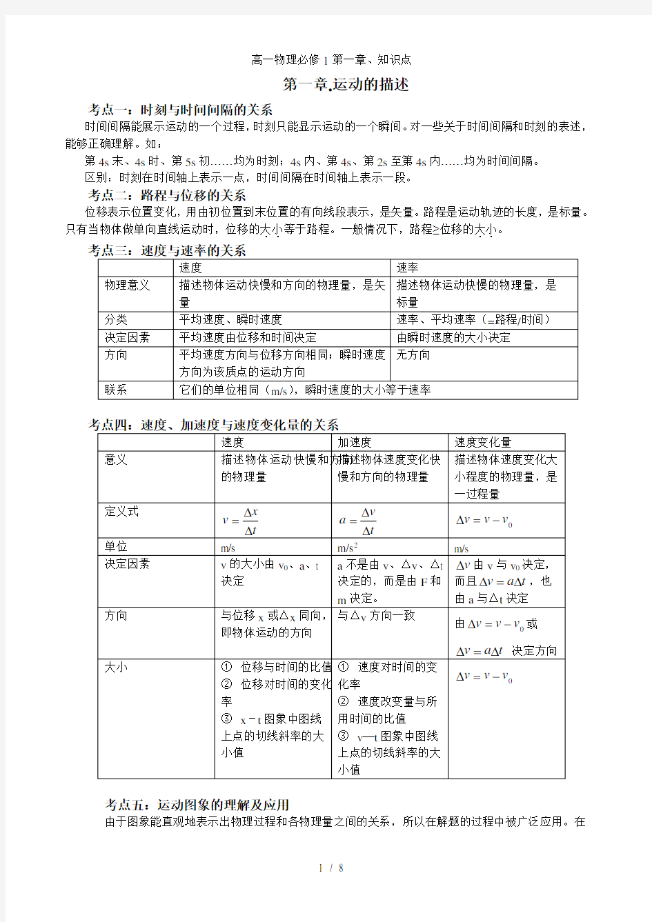 高一物理必修1第一章、知识点