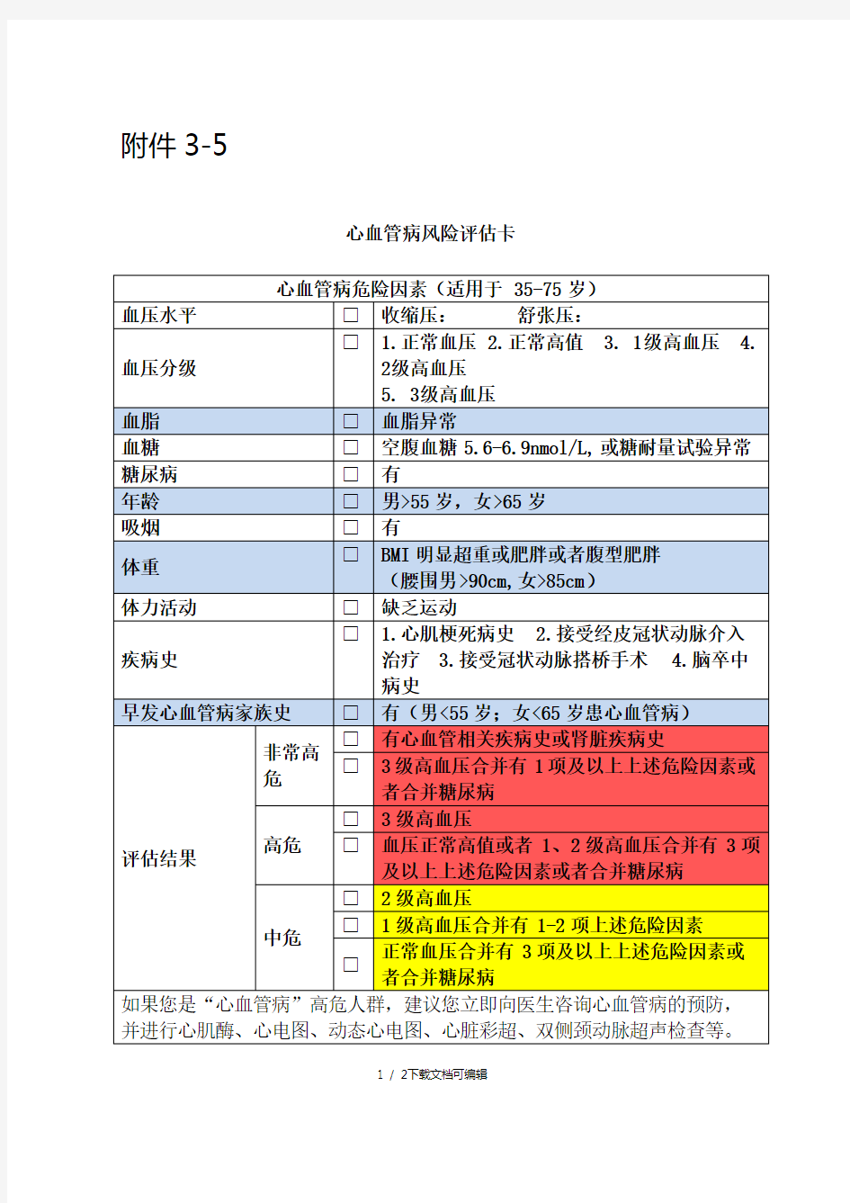 心血管病风险评估卡