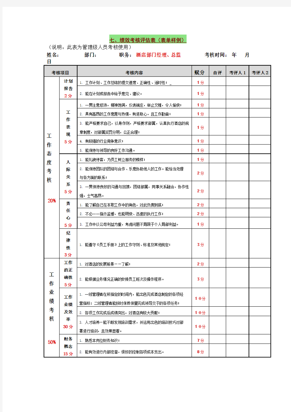 绩效考核评估表表单样例