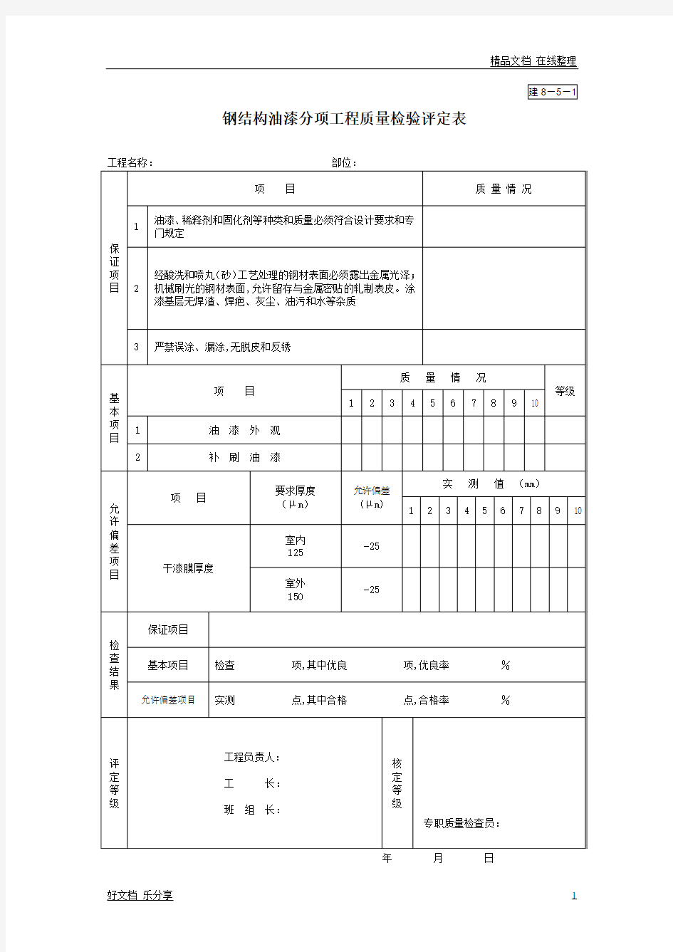 建8-5-1钢结构油漆分项工程质量检验评定表