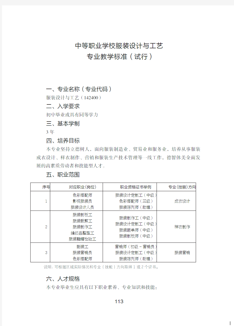 中等职业学校服装设计与工艺专业教学标准(试行)