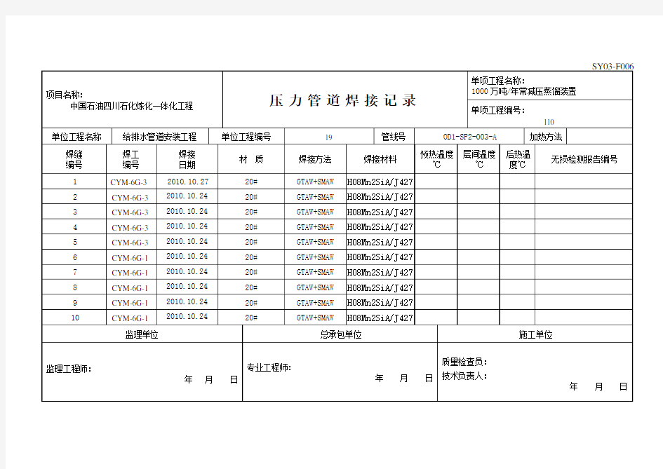 压力管道焊接记录#