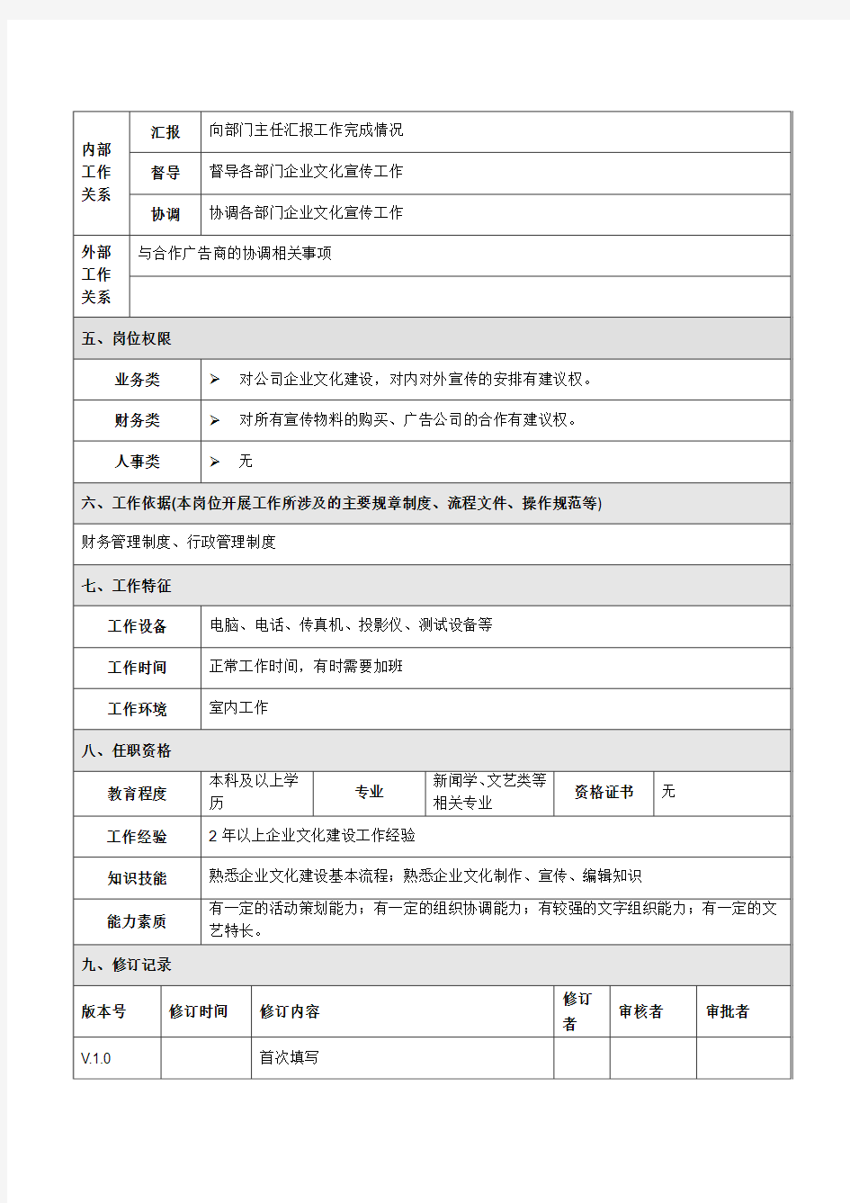 综合管理部企业文化岗位说明书