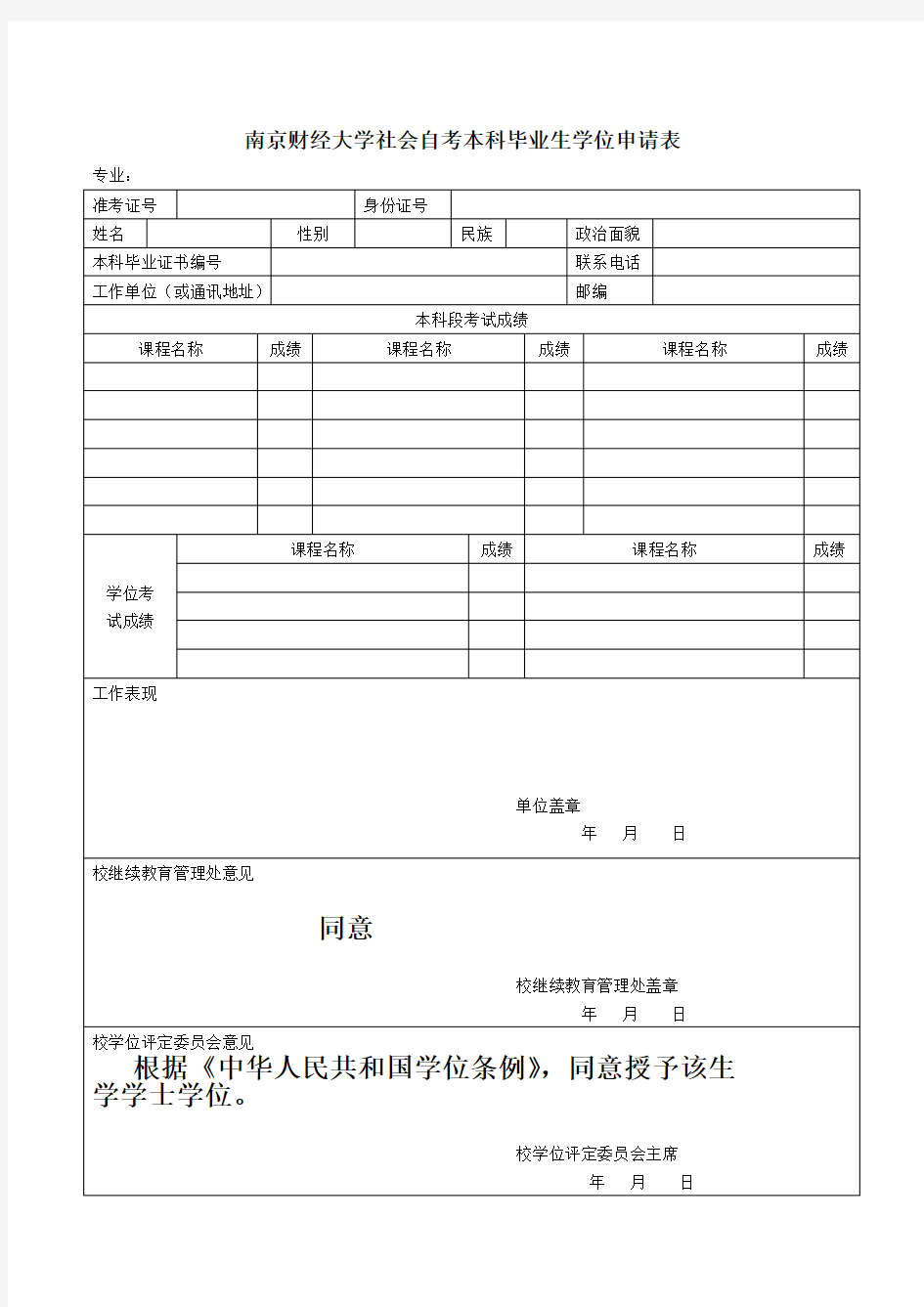 南京财经大学社会自考本科毕业生学位申请表