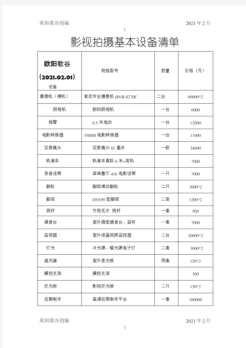 影视拍摄基本设备清单(定)之欧阳歌谷创编