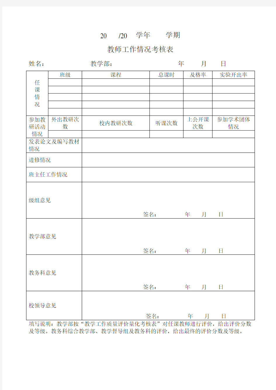 学校教师业务考核表