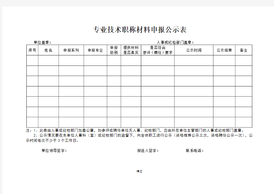 专业技术职称材料申报公示表