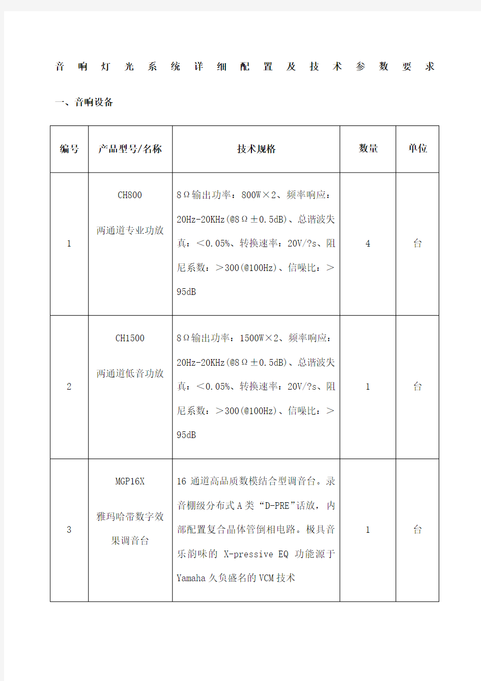 舞台灯光系统详细配置及技术参数要求