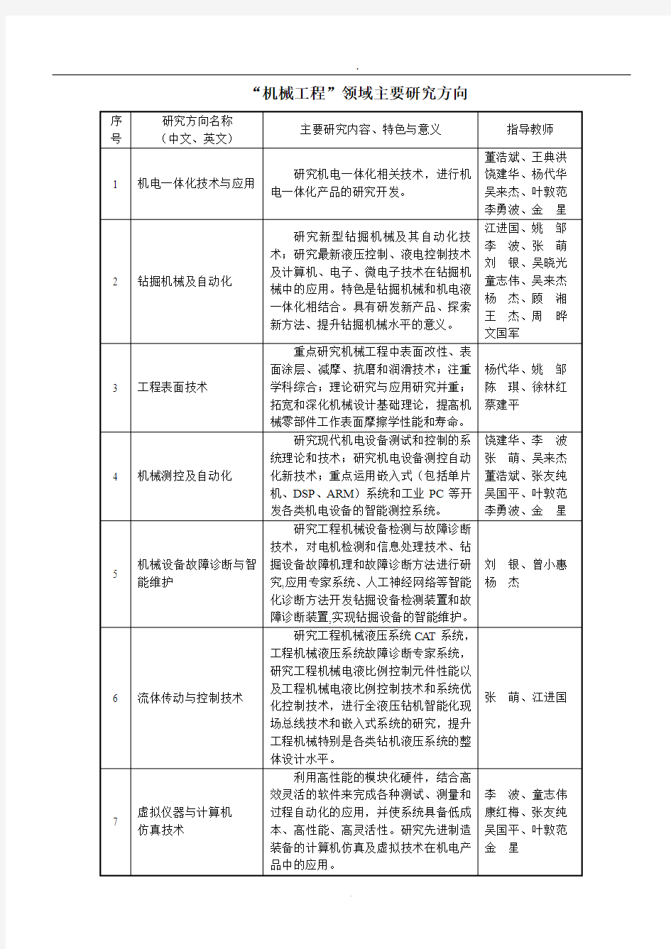 机械工程领域学科主要研究方向