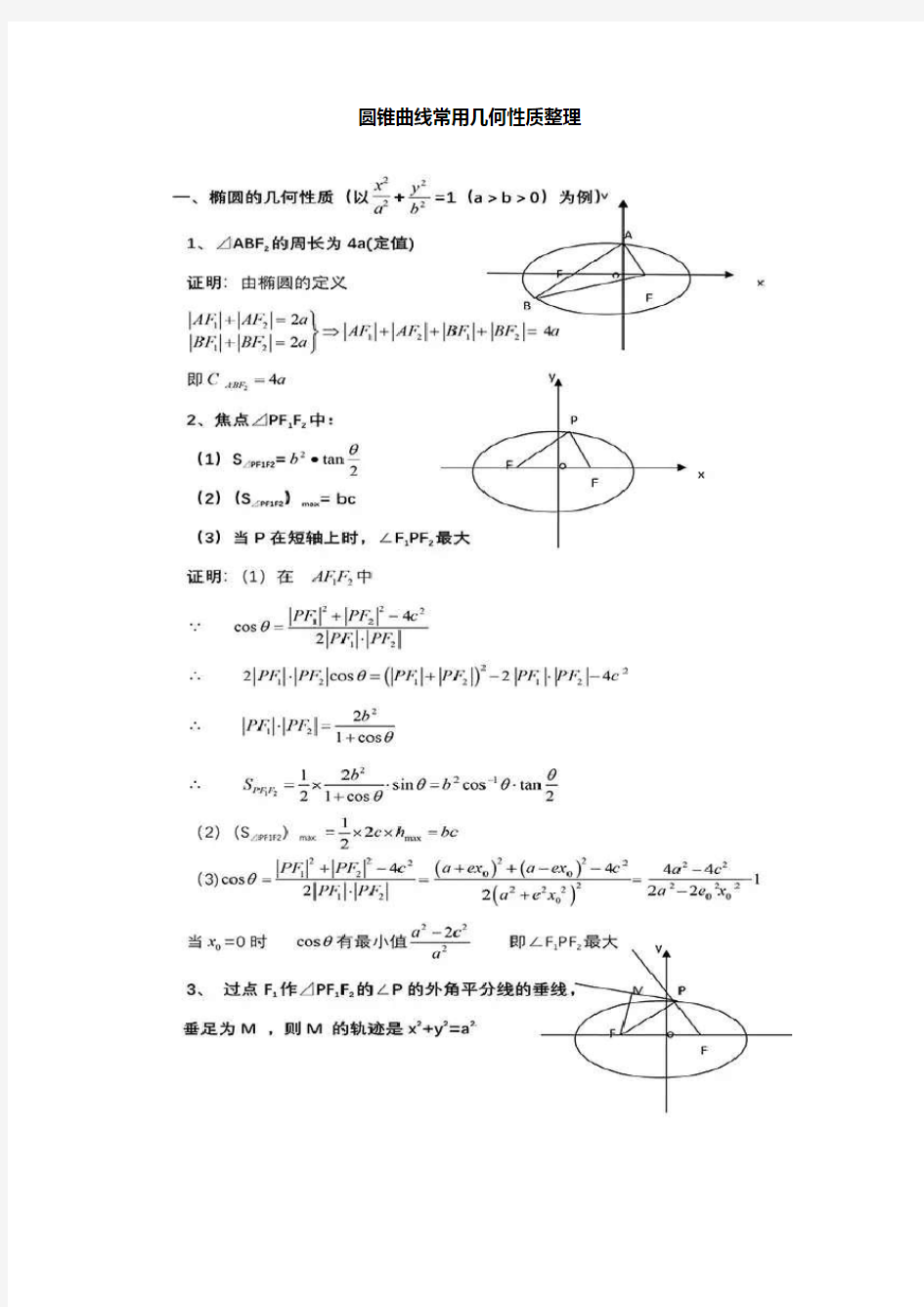 圆锥曲线常用几何性质整理