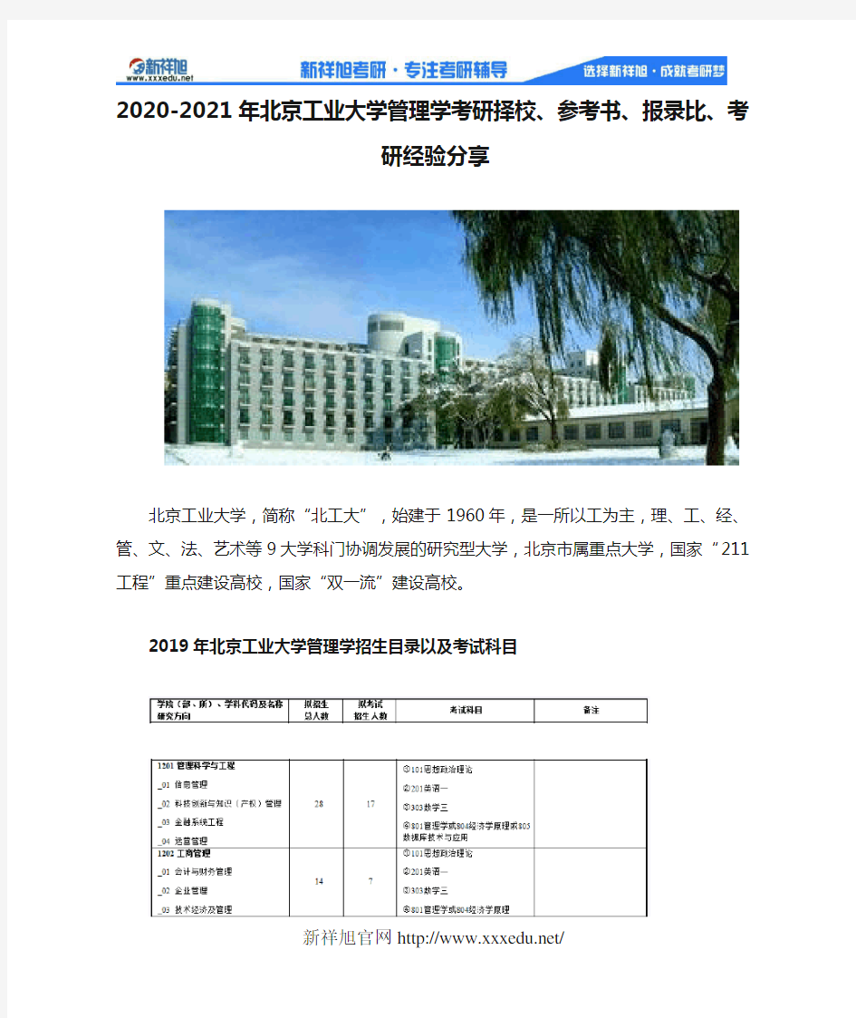 2020-2021年北京工业大学管理学考研择校、参考书、报录比、考研经验分享