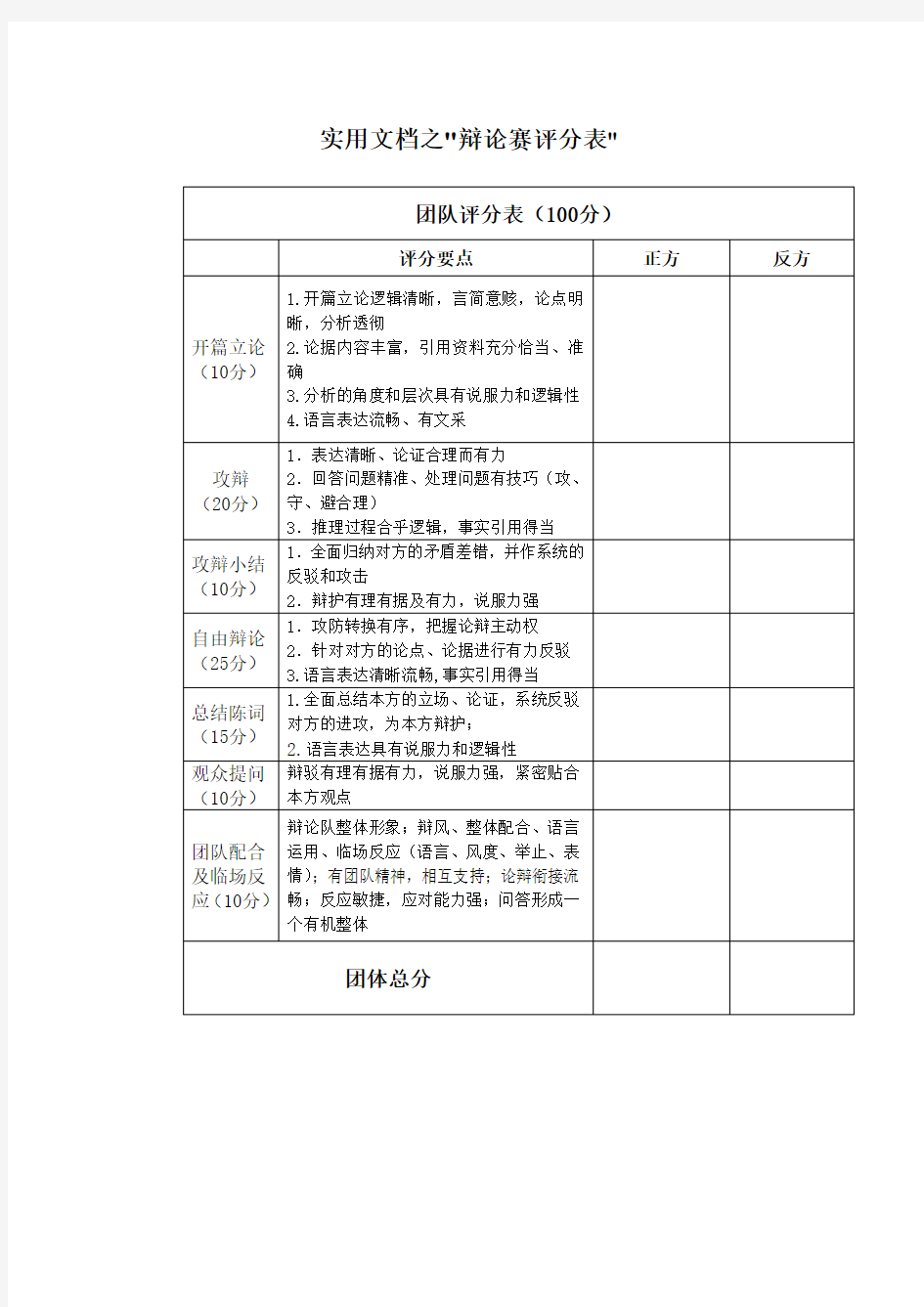 实用文档之辩论赛评分表(完整版)