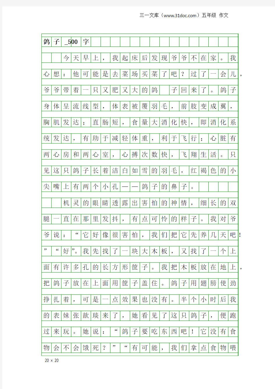 五年级作文：鸽子_500字